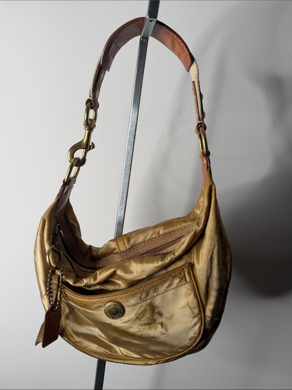 Coach vintage Gold Satin Shoulder Hobo Bag with Leather-Trim Strap